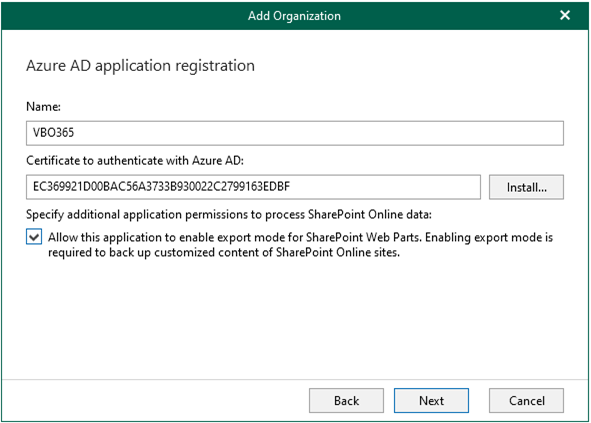 041422 1611 Howtoaddorg9 - How to add organization with Modern app-only authentication and register a new Azure AD application automically for Veeam Backup for Microsoft Office 365