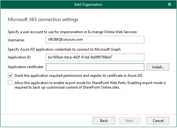 042522 1826 Howtoaddorg6 - How to add organization with modern app-only authentication and use an existing Azure AD application at Veeam Backup for Microsoft 365