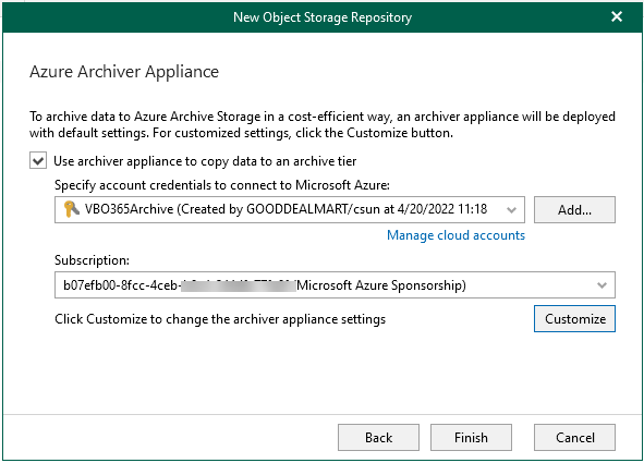 060122 1633 HowtoMicros76 - How to add Microsoft Azure Archive Storage Repository with Azure archiver appliance at Veeam Backup for Microsoft 365